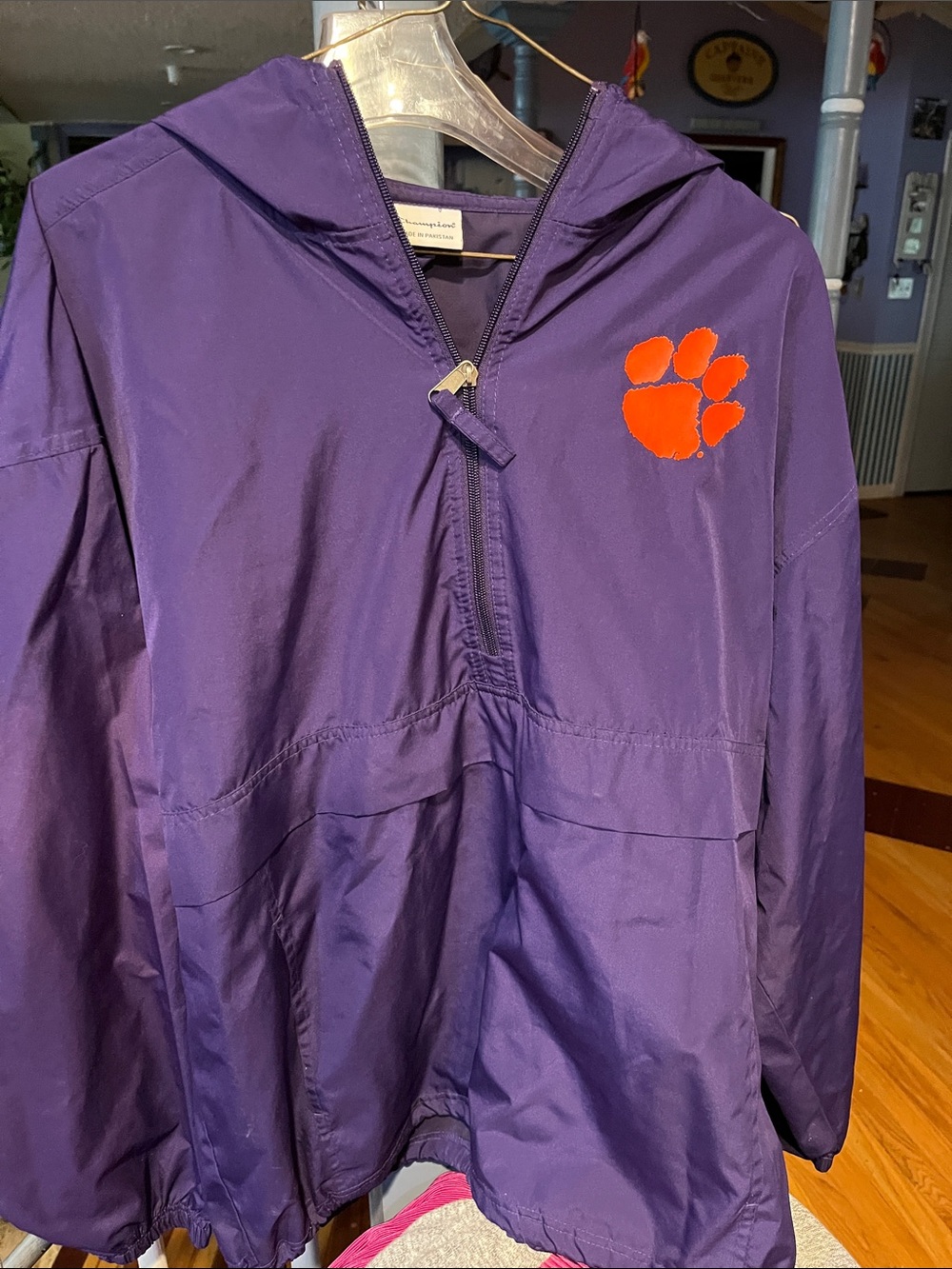 Kids Purple Hooded Windbreaker Jacket with Orange Paw Accent   Clemson
